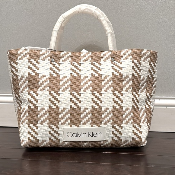 Calvin Klein Handbags - Calvin Klein Brown and White Woven Tote Bag NWT